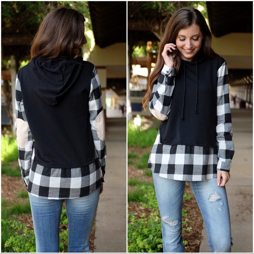 ✨LAST ONE✨ Black Check Plaid Hoodie w/Suede Elbow - Picture 3 of 3
